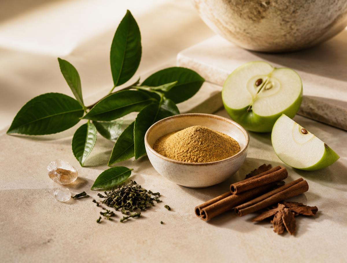 Green tea, apple, cinnamon, and botanical ingredients arranged on stone